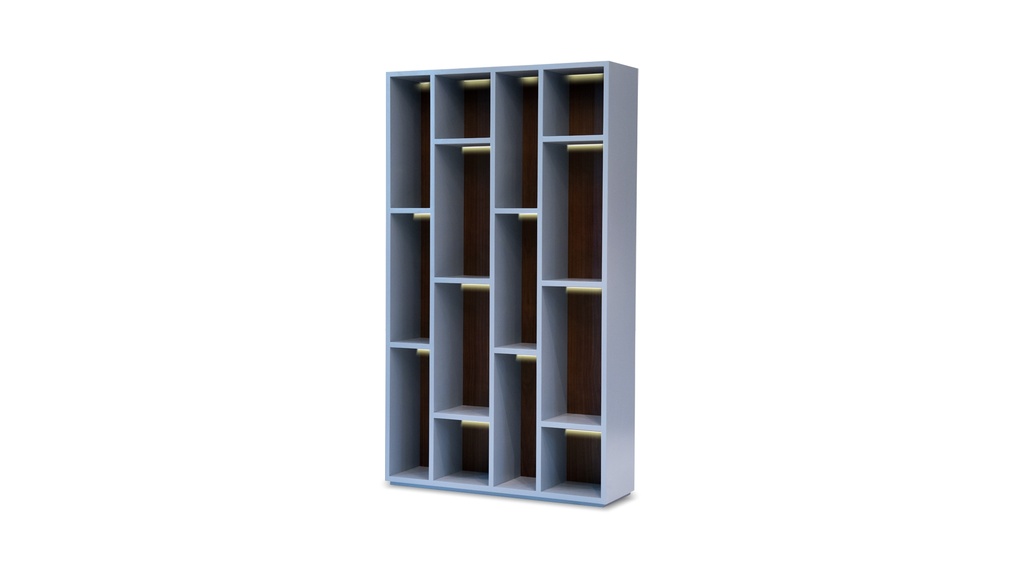 Biblioteca Curba Fondo enchapado Nogal / Estantes parantes Laqueado Semimate A 1,16 P 0,35 H 2,00, Fondo enchapado en nogal americano y estantes realizados en madera de guindo con terminación en poliuretano semimate color gris, además posee luces led **Este producto es 100% customizable**