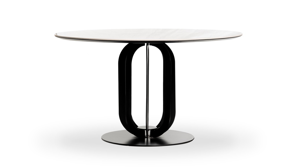 Mesa de Comedor Stem Redonda DIAM 1,25 H 0,76,  con estructura de hierro pintado negro y tapa en Dekton Calacatta **Este productos es 100% customizable**