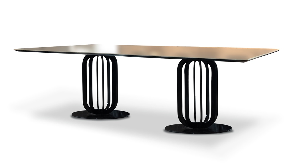Mesa de Comedor Stem Rectangular A 2,40 P 1,20 H 0,76, con estructura de 2 Bases hierro pintado negro y Tapa en Dekton Calacatta Natura rectangular. **Este productos son 100% customizables** .
