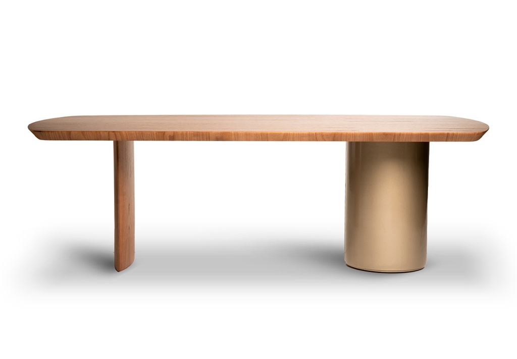 Mesa de Comedor Puro Nacional A 2,40 P 1,10 H 0,76,  Fabricada en madera paraiso poro abierto con base asimétrica. Base redonda laqueada semimate **Este producto es customizable**