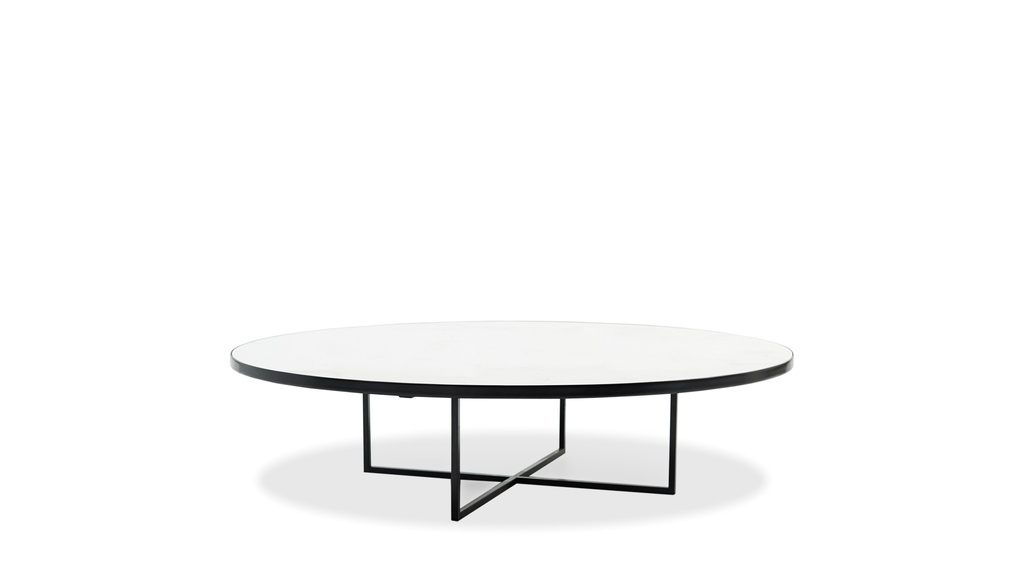 Mesa de centro Snow DIAM 1,20 H 0,30, Su diseño combina una estructura de hierro negro con una tapa de madera y Dekton. *** Todos nuestros productos son 100% customizables ***