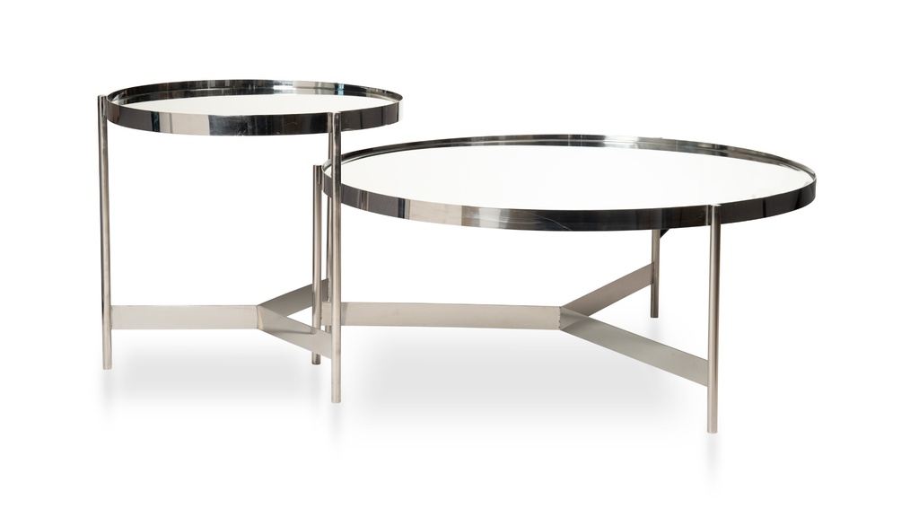 Mesa de centro Saha Chica Tapa en Dekton Calacatta DIAM 0,60 H 0,57, Moderna con lineas curvas cromadas, que le dan ese toque distintivo y a tu espacio. Disponible en tapa espejada y tapa de Dekton, ambas opciones con base de acero pulido espejo. Se venden el par o por separado. *Este producto es customizable* Medidas mesa grande: Diam. 100cms x 42cms de alto Medidas mesa chica: Diam. 60cms x 57cms de alto
