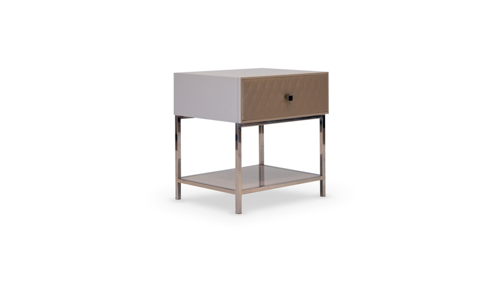 Mesa de luz Debra Base en Acero Tela 0,30m Cuero 0,63m2 A 0,55 P 0,47 H 0,60, Estructura fabricada en acero inoxidable o hierro cromado, tapa laqueada brillante y cajones tapizados matelasse con detalle de costuras formando rombos. *** Este producto es 100% customizable ***