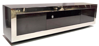 Mueble de TV Byblos A 2,40 P 0,48 H 0,55. Estructura realizada en madera de guindo con una terminación laqueada en poliuretano brillante. Faja perimetral revestida en chapa de acero inoxidable pulido **Este producto es 100% customizable**
