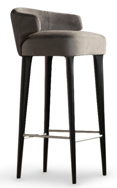Taburete Alaska con apoyapie en acero Tela 1,80m Cuero 4m2, estructura fabricada en madera de guindo, con lustre negro semimate. Tapizada en pana sintética. ** Todos nuestros productos son 100% customizables **