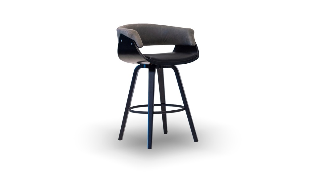 Taburete Hans - Apoyapie  Aro en hierro pintado Tela Respaldo 0,60m Asiento 0,50m Cuero Respaldo 1,35m2 Asiento 1,05m2,  tiene una estructura en madera guindo laqueado poliuretáno negro semimate. Está tapizado en cuero smooth grey. Posee un aro apoyapie de hierro epoxi negro mate. *Este producto es 100% customizable*