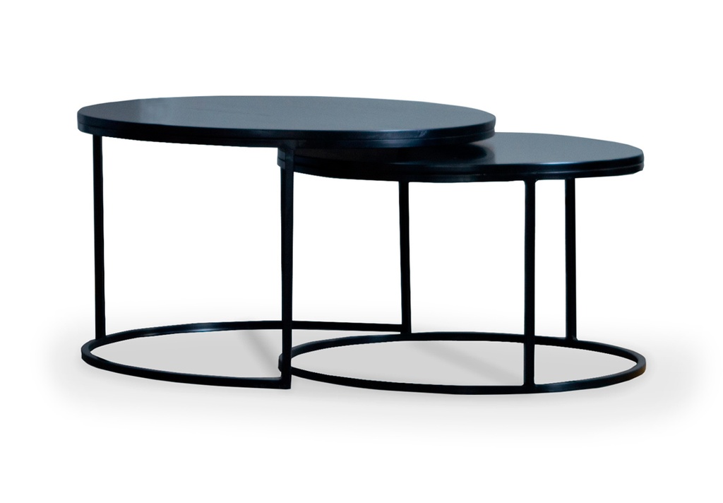 CONJUNTO 2 MESAS LATERALES MINIMAL CIRCULAR DIAM 0,50 H 0,60 Y DIAM 0,40 H 0,54,  Base fabricada en hierro, una tapa laqueada en semimate y otra enchapada en paraiso color negro. ***Este productos es 100% customizable***