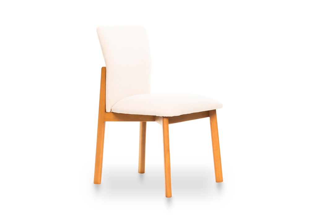 SILLA DE COMEDOR GANTT Tela 1,20m A 0,51 P 0,54 H 0,83, Fabricada íntegramente en madera de Lenga, con lustre semimate. Tapizada en Lino. Este producto forma parte de la colección G diseñada en conjunto con el estudio de arquitectura Leone Loray y fabricada por Fontenla