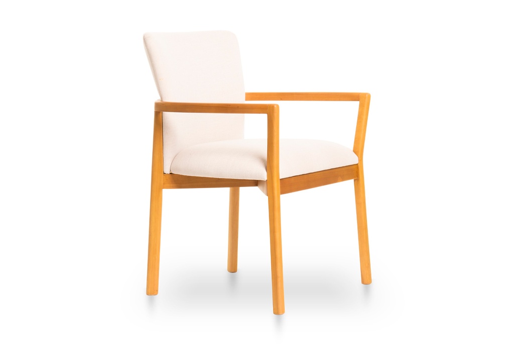 SILLON DE COMEDOR GANTT Tela 1,20m A 0,60 P 0,52 H 0,83, Fabricada íntegramente en madera de Lenga, con lustre semimate. Tapizada en Lino. Este producto forma parte de la colección G diseñada en conjunto con el estudio de arquitectura Leone Loray y fabricada por Fontenla