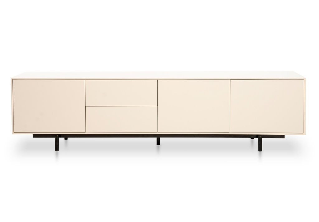 MUEBLE DE TV GANTT A 1,95 P 0,50 H 0,50, Estructura fabricada en madera y laqueada semimate y base en caño de hierro satinado. Este producto forma parte de la colección G diseñada en conjunto con el estudio de arquitectura Leone Loray y fabricada por Fontenla