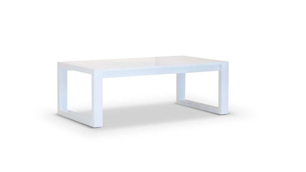 MESA DE CENTRO ALMA Blanco A 1,20 P 0,65 H 0,42, Estructura fabricada en aluminio con recubrimiento poliuretánico en dos terminaciones: blanco o grafito. Se recomienda no exponerlo a la intemperie de manera directa cuando no esté en uso. De lo contrario se deberá utilizar una funda protectora