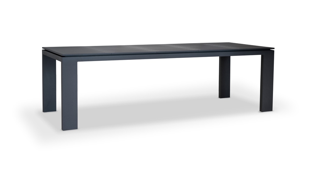 MESA DE COMEDOR ALMA RECTANGULAR Gris Grafito A 2,50 P 1,00 H 0,73,Estructura fabricada en aluminio con recubrimiento poliuretánico en dos terminaciones: blanco o grafito. Se recomienda no exponerlo a la intemperie de manera directa cuando no esté en uso. De lo contrario se deberá utilizar una funda protectora.