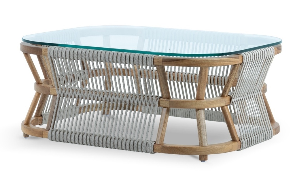 Mesa de Centro Portofino,  con estructura de madera y entramado de cuerda náutica color beige. Incluye tapa de vidrio.