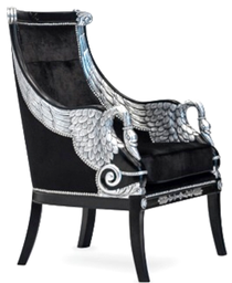 [SL.052-2] Sillón Cisnes plateado a la hoja incluye tachas Tela 7m Cuero 14m2, structura fabricada en madera de guindo con un acabado poliuretano semimate color negro, apoyabrazos tallados a mano en forma de cisne con acabado en plateado a la hoja. Tapizado en el frente en pana emerald color negro con botones y la parte posterior tapizado en pana porsche color negro. *Este producto es 100% customizable*