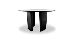 [MC.084] MESA DE COMEDOR STONE REDONDA DIAM 1,50 H 0,76, . Base fabricada en madera Paraíso por abierto y terminada en poliuretano color negro. Tapa Purastone Statuario. ** Este producto es customizable**