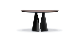 [MC.108] Mesa de Comedor Circular Curba DIAM 1,50 H 0,76, . Tapa enchapada en Nogal americano con terminación lustrada mate cero y bases cónicas laqueadas al poliuretano color negro con terminación gofrada *Este producto es 100% customizable