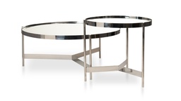 [ML.105-2] Mesa de centro Saha Chica Tapa de Espejo DIAM 0,60 H 0,57,oderna con lineas curvas cromadas, que le dan ese toque distintivo y a tu espacio. Disponible en tapa espejada y tapa de Dekton, ambas opciones con base de acero pulido espejo. Se venden el par o por separado. *Este producto es customizable* Medidas mesa grande: Diam. 100cms x 42cms de alto Medidas mesa chica: Diam. 60cms x 57cms de alto