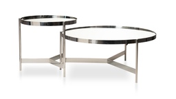 [ML.CT70-007-1] Mesa de centro Saha Chica Tapa en Dekton Calacatta DIAM 0,60 H 0,57, Moderna con lineas curvas cromadas, que le dan ese toque distintivo y a tu espacio. Disponible en tapa espejada y tapa de Dekton, ambas opciones con base de acero pulido espejo. Se venden el par o por separado. *Este producto es customizable* Medidas mesa grande: Diam. 100cms x 42cms de alto Medidas mesa chica: Diam. 60cms x 57cms de alto