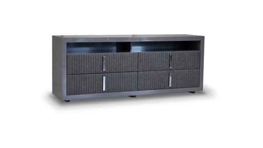 [CM.048] Cómoda  Coco Tela 2m Cuero 4,20m2 A 2,00 P 0,50 H 0,80, Estructura realizada en madera laqueada en poliuretano brillante, con frentes tapizados en matelasseado vainilla color nebraska light grey **Este producto es 100% customizable**