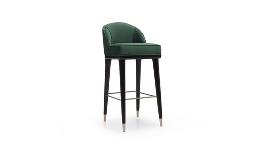 [TB.007-2] Taburete Sheron sin regatones  Tela 2m Cuero 4,50m2, un taburete clásico y con un estilo inglés muy definido. Una estructura construida con madera de guindo, laqueada en color negro semimate, con travesaño en acero inoxidable y regatones metálicos cromados. Tapizada con Pana de algodón en color verde inglés. **Todos nuestros productos son 100% customizables**