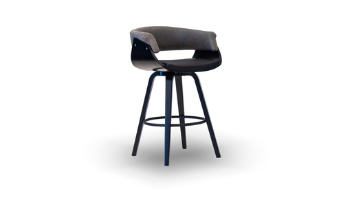 [TB.021] Taburete Hans - Apoyapie  Aro en hierro pintado Tela Respaldo 0,60m Asiento 0,50m Cuero Respaldo 1,35m2 Asiento 1,05m2,  tiene una estructura en madera guindo laqueado poliuretáno negro semimate. Está tapizado en cuero smooth grey. Posee un aro apoyapie de hierro epoxi negro mate. *Este producto es 100% customizable*