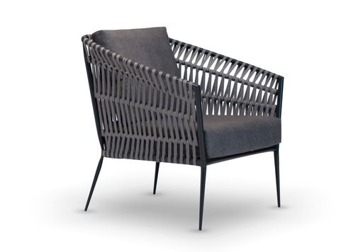 [EXT.70-123] SILLON TIRRENO Hierro Gris Oscuro, Soga Gris Tela 1,70m A 0,80 P 0,76 H 0,83,  Estructura de hierro en color gris grafito epoxi y entramado de cuerda náutica color gris. Incluye almohadón de asiento tapizado náutica. Este producto debe ser utilizado en espacios semicubiertos o galerías. No exponerlo a la intemperie de manera directa. Se recomienda utilizar una funda protectora.
