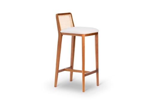 [TB.046] TABURETE GANTT Tela 0,70m A 0,40 P 0,45 H 0,97,Fabricado íntegramente en madera. Enchapada en cerezo reconstituido, con lustre natural. Tapizado en lino y respaldo en esterillado natural. Este producto forma parte de la colección G diseñada en conjunto con el estudio de arquitectura Leone Loray y fabricada por Fontenla.