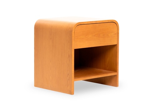 [ML.181-2] MESA DE LUZ GANTT Enchapada Cerezo Reconstiruido, lustre semimate A 0,50 P 0,45 H 0,55,Fabricada íntegramente en madera. Enchapada en cerezo reconstituido, con lustre natural. Este producto forma parte de la colección G diseñada en conjunto con el estudio de arquitectura Leone Loray y fabricada por Fontenla.