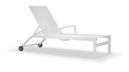 [EXT.70-008] REPOSERA CON RUEDAS ALMA Blanco A 1,81 P 0,80 H 0,35, Estructura fabricada en aluminio con recubrimiento poliuretánico en dos terminaciones: blanco o grafito. El género utilizado es una fibra de poliéster tejida con recubrimiento de PVC en dos terminaciones: blanco o negro. Se recomienda no exponerlo a la intemperie de manera directa cuando no esté en uso. De lo contrario se deberá utilizar una funda protectora.