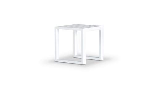 [EXT.70-009] MESA AUXILIAR REPOSERA ALMA Blanco A 0,40 P 0,40 H 0,40, . Estructura fabricada en aluminio con recubrimiento poliuretánico en dos terminaciones: blanco o grafito. Se recomienda no exponerlo a la intemperie de manera directa cuando no esté en uso. De lo contrario se deberá utilizar una funda protectora.
