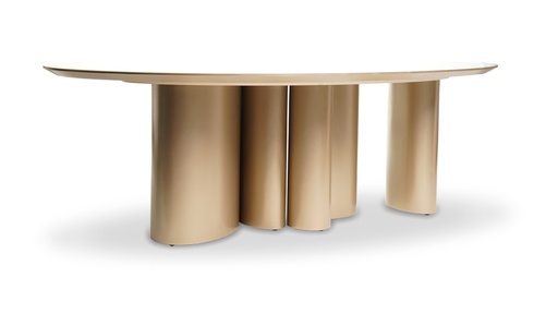[IM.0626] Mesa de Comedor Hunter, Fabricada en madera de guindo con base asimétrica con laqueado metalizado. Tapa realizada en madera laqueado metalizado y vidrio *Este producto no es customizable*