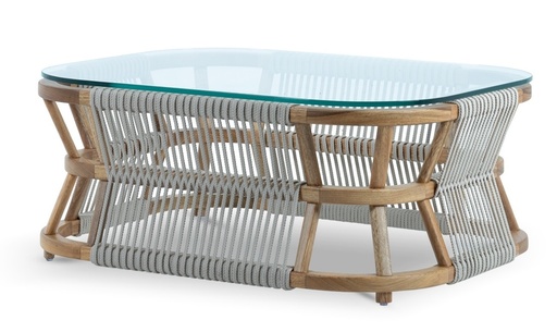 [IM.0548] Mesa de Centro Portofino,  con estructura de madera y entramado de cuerda náutica color beige. Incluye tapa de vidrio.