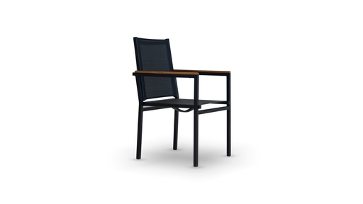 [IM.0551] Sillon de comedor Formentera, tiene una estructura de madera y aluminio con pintura electrostática y tejido sling. Este producto debe ser utilizado en espacios semicubiertos o galerías. No exponerlo a la intemperie de manera directa. Se recomienda utilizar una funda protectora