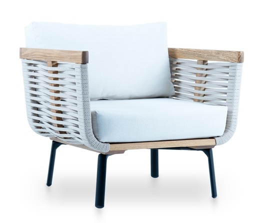 [IM.0547] Sillon Portofino,  con estructura de madera y entramado de cuerda náutica color beige. Incluye almohadón de asiento y de respaldo